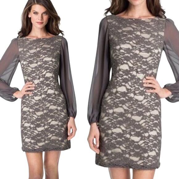 Eliza J Lace Overlay Mini Cocktail Dress Sheer Long Sleeve Boatneck Gray 14 - Picture 1 of 8